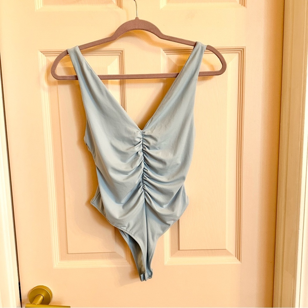 Blue ruched Zara bodysuit